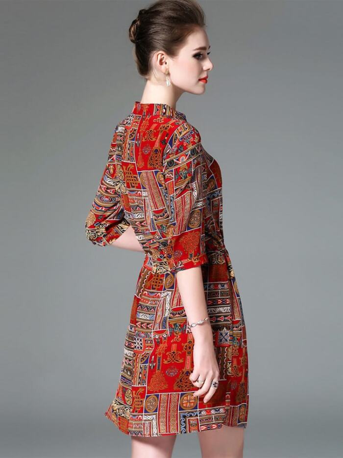 Ladies Vintage Print Stitching Slim Shirt Dress - Image 7