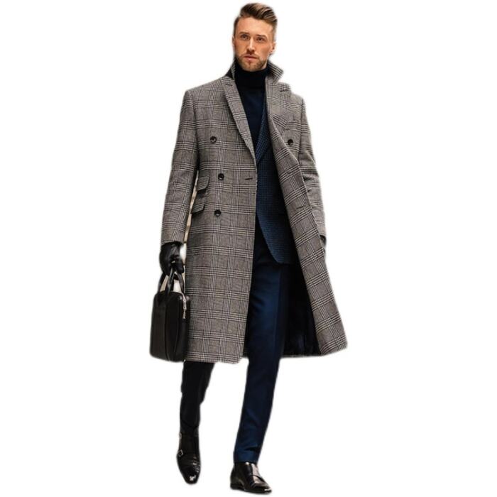 Full Wool Suit Collar Medium Length Double Breasted Checked Overcoat - Image 5
