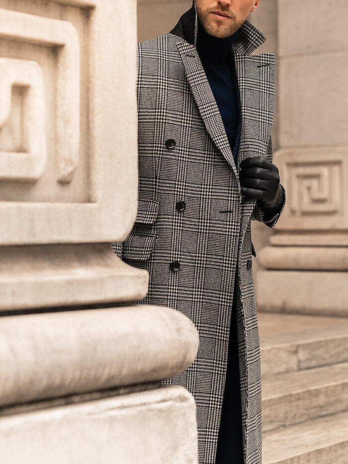 Full Wool Suit Collar Medium Length Double Breasted Checked Overcoat - Image 6
