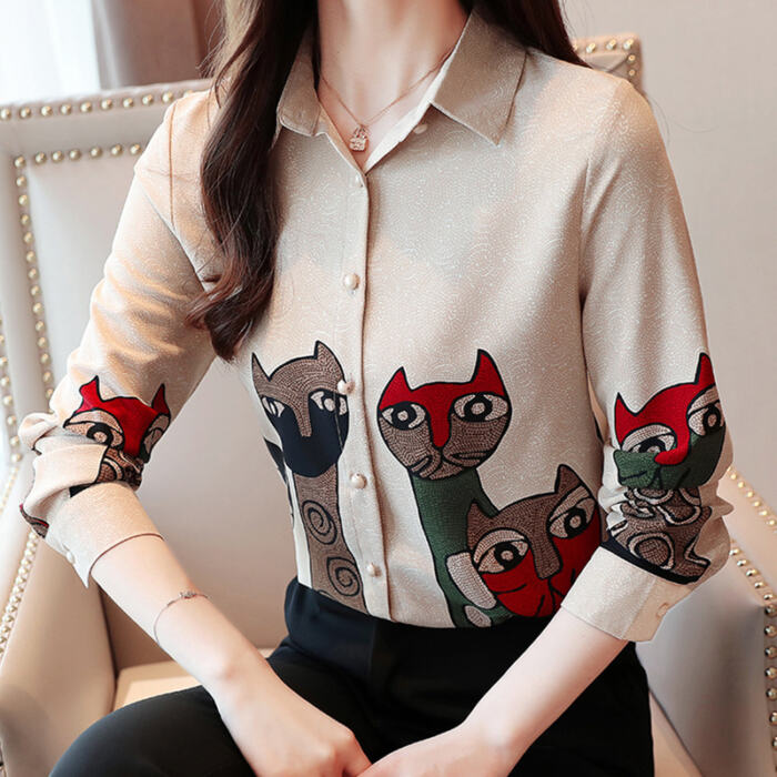 Spring And Autumn Vintage Cat Print Chiffon Shirt - Image 2