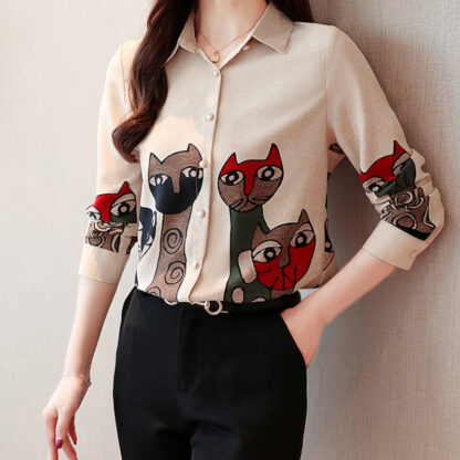 Spring And Autumn Vintage Cat Print Chiffon Shirt - Image 4