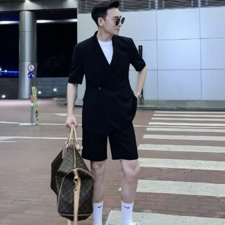 Men's Solid Color Short-sleeved Shorts Suits, Trendy Men's High-profile Solid Color Suits