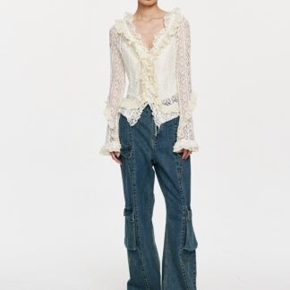 Lace Tie With Fungus Edge Long Sleeved Pullover