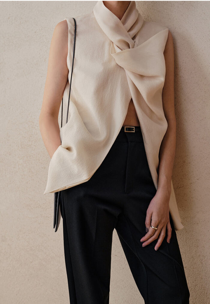 Ladies 3D Vintage Stacked Collar Front Slit Asymmetric Top - Image 3