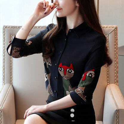 Spring And Autumn Vintage Cat Print Chiffon Shirt - Image 3
