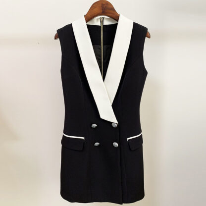 Trendy Business Wear Double-breasted Contrasting Color Suit Collar Sleeveless Vest Dress - Image 6