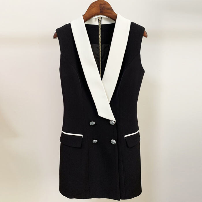 Trendy Business Wear Double-breasted Contrasting Color Suit Collar Sleeveless Vest Dress - Image 6