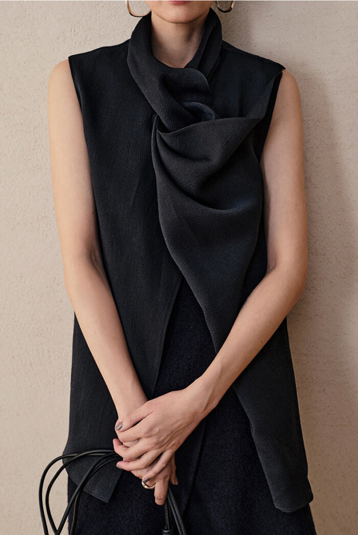 Ladies 3D Vintage Stacked Collar Front Slit Asymmetric Top - Image 7