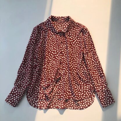 Elegant Vintage Maroon Polka Dot Silk Lapel Long Sleeve Shirt - Image 3