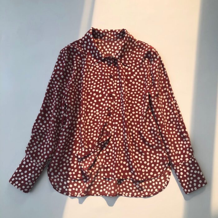 Elegant Vintage Maroon Polka Dot Silk Lapel Long Sleeve Shirt - Image 3