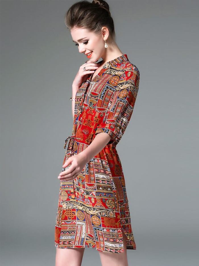 Ladies Vintage Print Stitching Slim Shirt Dress - Image 6