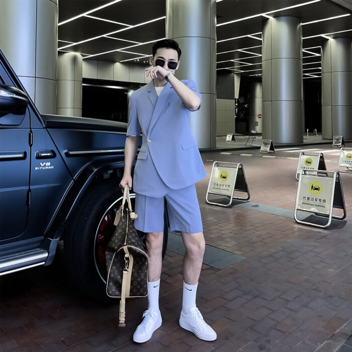 Men's Solid Color Short-sleeved Shorts Suits, Trendy Men's High-profile Solid Color Suits - Image 2