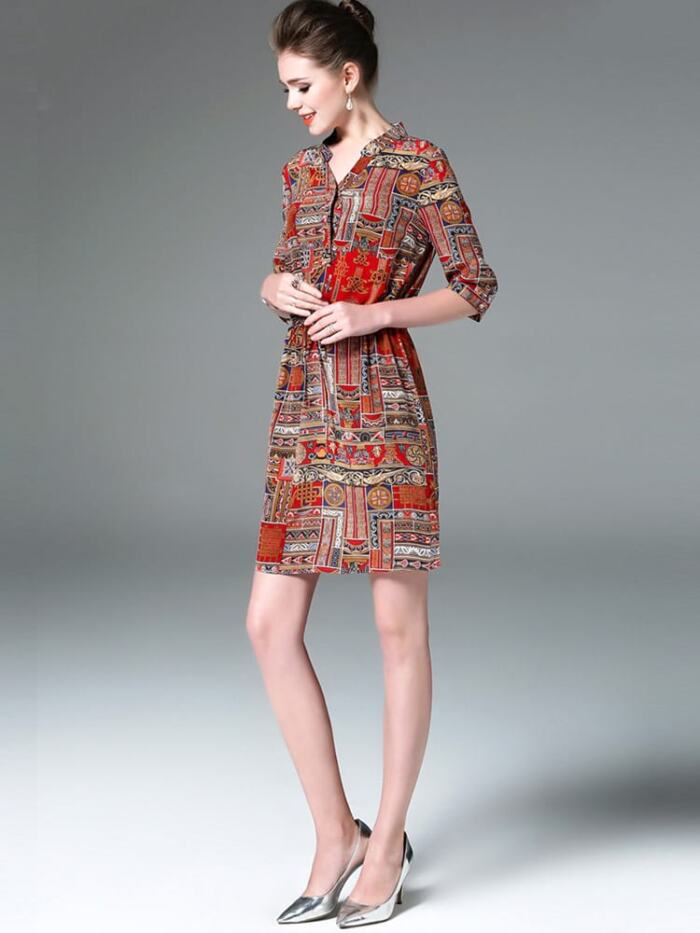 Ladies Vintage Print Stitching Slim Shirt Dress - Image 5