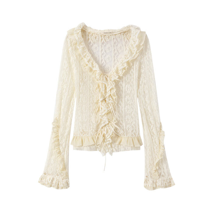 Lace Tie With Fungus Edge Long Sleeved Pullover - Image 5