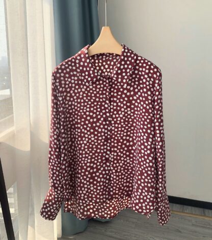 Elegant Vintage Maroon Polka Dot Silk Lapel Long Sleeve Shirt - Image 2