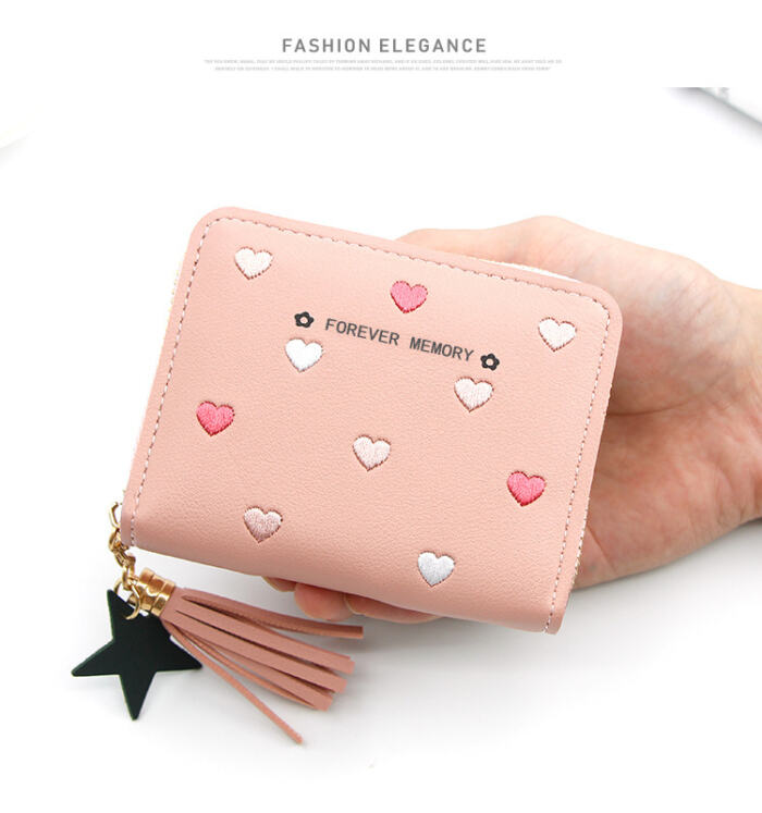 Embroidered Love Korean Women's Wallet Short Clutch Little Girl Coin Purse Women's Zipper Bag Card Holder Card Case - Image 4