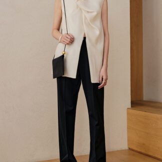Ladies 3D Vintage Stacked Collar Front Slit Asymmetric Top