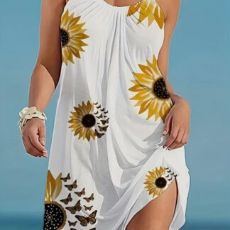 Plus Size Sleeveless Camisole Sunflower Printed Vest Elegant Wrap Women's Sexy Party Casual Loose Dresses