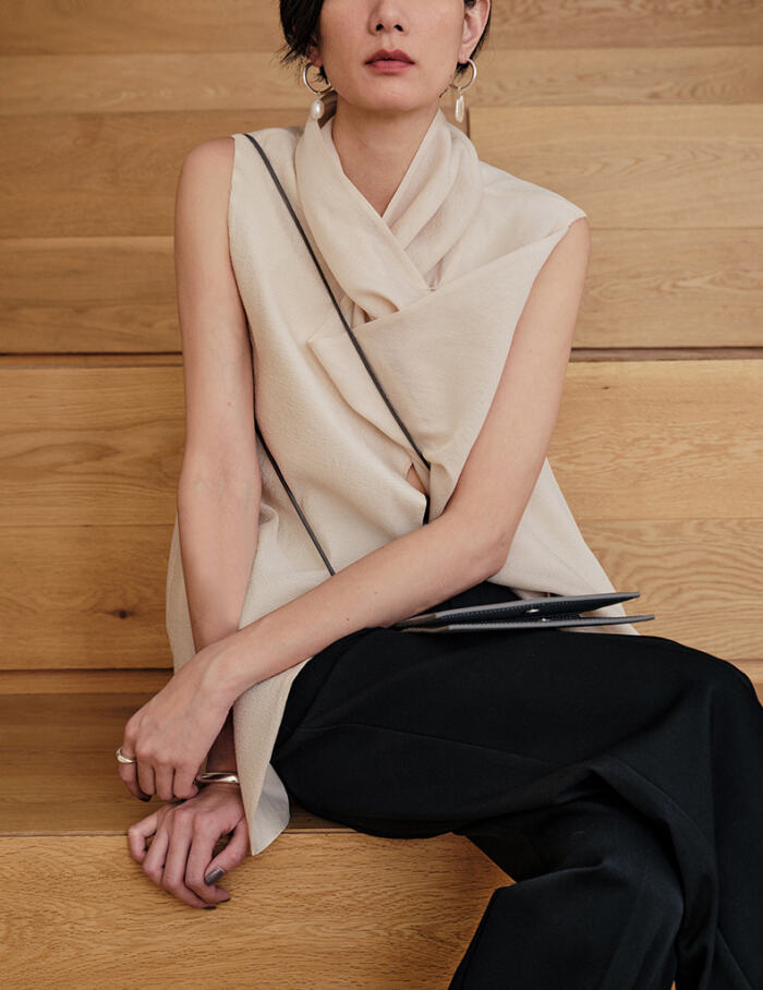 Ladies 3D Vintage Stacked Collar Front Slit Asymmetric Top - Image 6