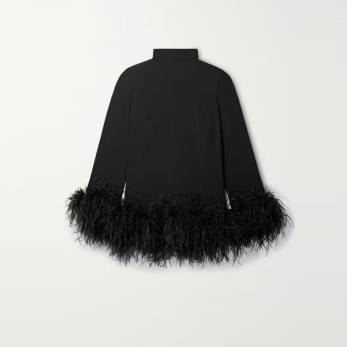 Turtleneck Commuter Long Sleeve Short Dress Ostrich Feather Black - Image 2