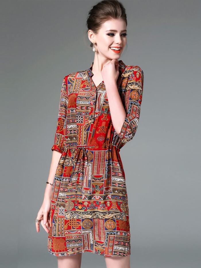 Ladies Vintage Print Stitching Slim Shirt Dress - Image 4
