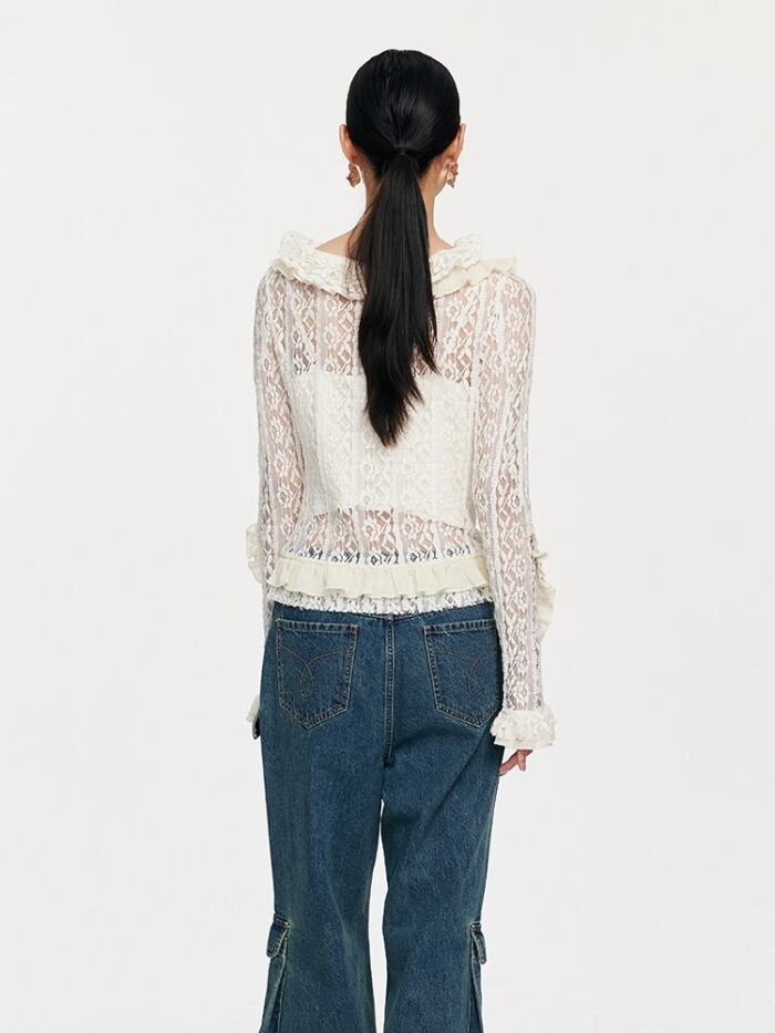 Lace Tie With Fungus Edge Long Sleeved Pullover - Image 2