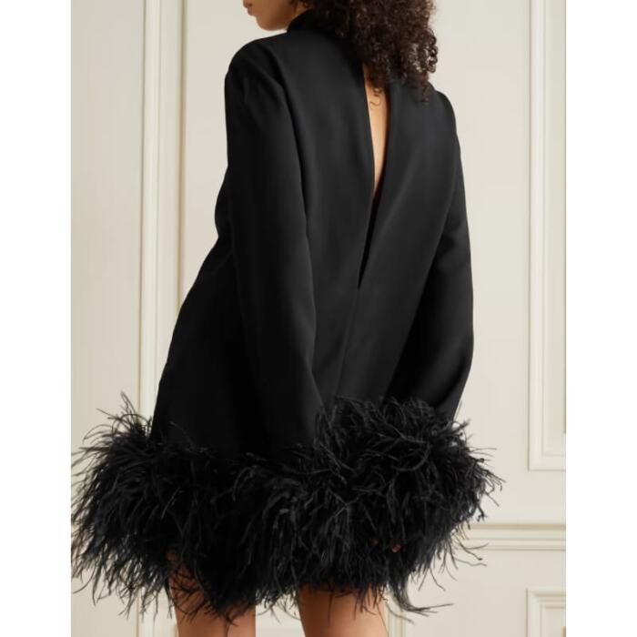 Turtleneck Commuter Long Sleeve Short Dress Ostrich Feather Black - Image 3