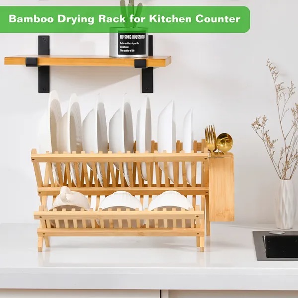 Collapsible 2-Tier Bamboo Dish Drying Rack Foldable Wooden Dish Drainer With Utensil Holder, Space-Saving Dish Rack For Kitchen Countertop
