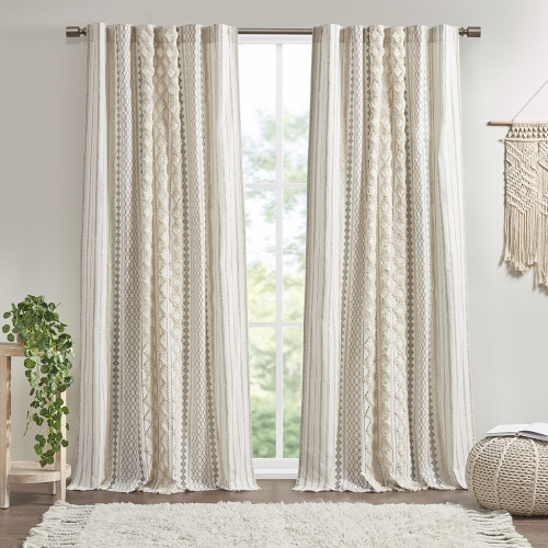Cotton Printed Curtain Panel With Chenille Stripe And Lining Ivory 50×84