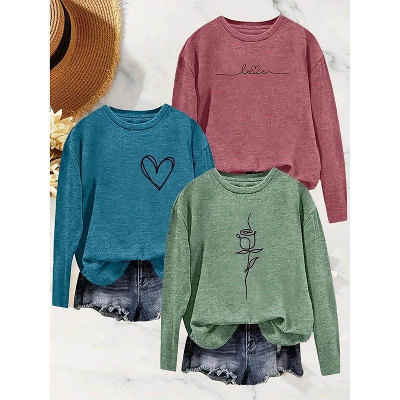 Women’s 3-Pack Graphic Tee Long Sleeve Tops Casual Loose V Neck T Shirts