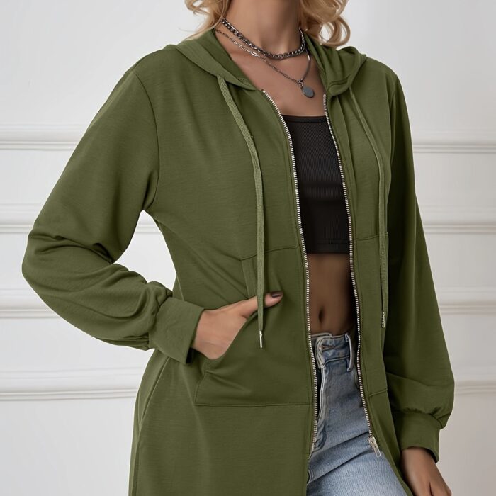 Women's Military Green Casual Sports Hooded Sweatshirt With Drawstring Zipper Jacket, Lightweight Top - Image 4