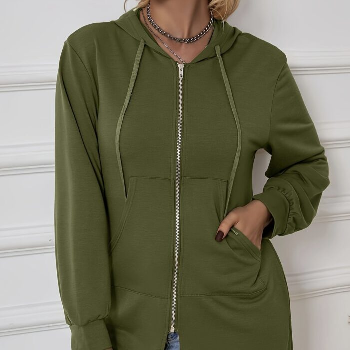 Women's Military Green Casual Sports Hooded Sweatshirt With Drawstring Zipper Jacket, Lightweight Top - Image 5