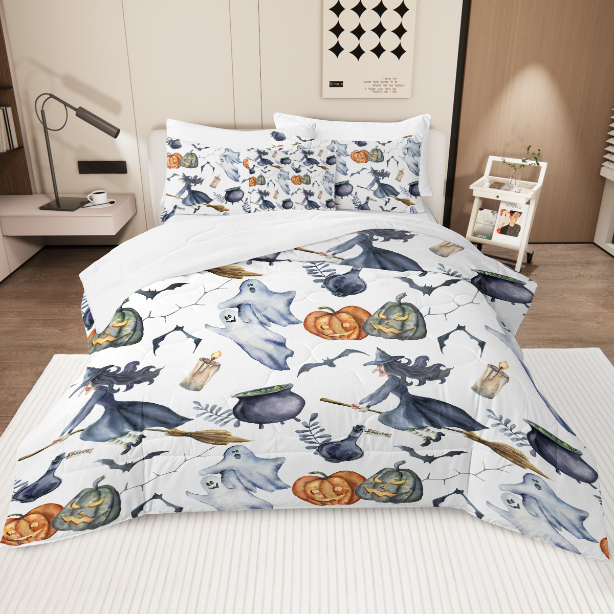 8 Pieces Halloween Comforter Set, Witch Pattern Bed In A Bag Bedding With Comforter Sheet Sham – 1 Comforter, 2 Pillow Shams, 1 Flat Sheet, 1 Fitted Sheet, 1 Cushion Cover, 2 Pillowcases