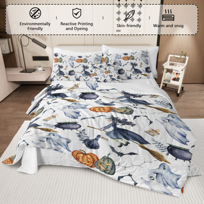 8 Pieces Halloween Comforter Set, Witch Pattern Bed In A Bag Bedding With Comforter Sheet Sham - 1 Comforter, 2 Pillow Shams, 1 Flat Sheet, 1 Fitted Sheet, 1 Cushion Cover, 2 Pillowcases - Image 5