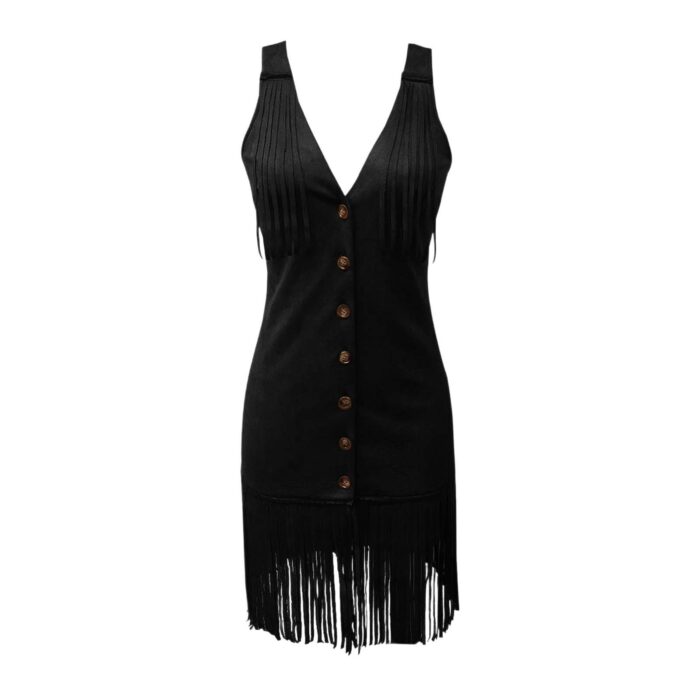 Women's Western Style Vest Dress - V-Neck Button Front Mini Dress With Fringe Detail Summer Wear - Image 8