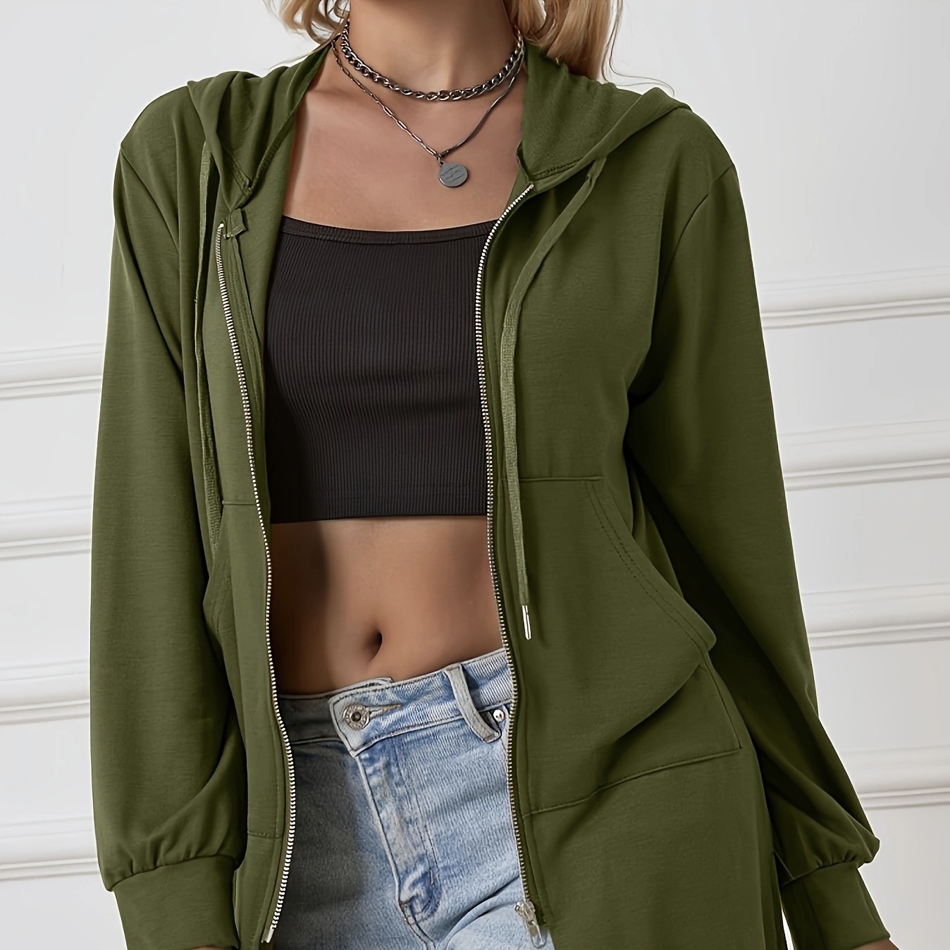 Women’s Military Green Casual Sports Hooded Sweatshirt With Drawstring Zipper Jacket, Lightweight Top