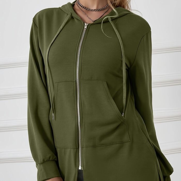 Women's Military Green Casual Sports Hooded Sweatshirt With Drawstring Zipper Jacket, Lightweight Top - Image 3
