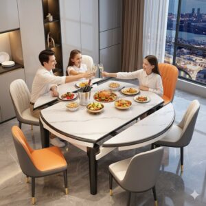 Mesa de comedor de madera macizMesa de comedor ovalada plegable retráctil y sillas